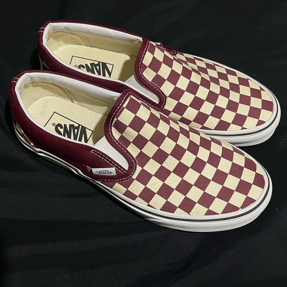 Vans Maroon and Cream Checkerboard Slip-Ons